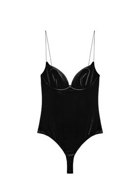 Zara Black Velvet Spaghetti-Strap Bodysuit with Sculpted Cups